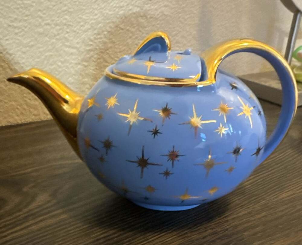 Hall Periwinkle Blue and Gold Atomic Starburst Teapot 6 Cup